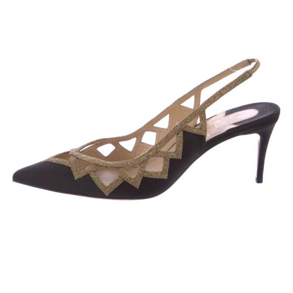 Christian Louboutin Black and Gold Slingback Pointed Toe Heels